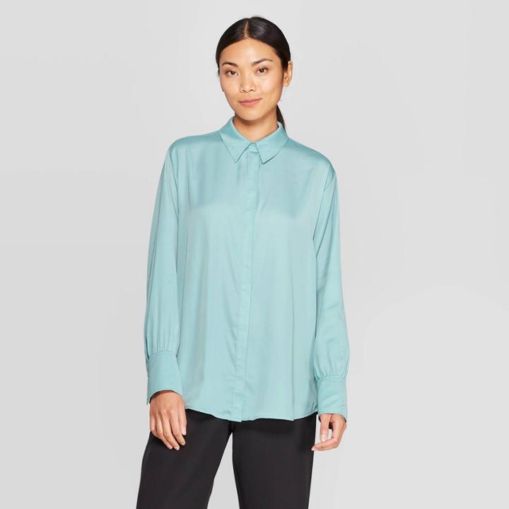 Women's Relaxed Fit Long Sleeve Front Button-down Collared Popover Blouse - Prologue Blue