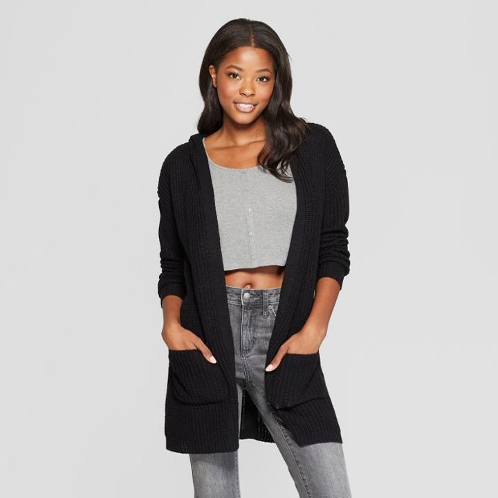 Women's Long Sleeve Lace-up Back Hooded Cardigan - Almost Famous (juniors') Black