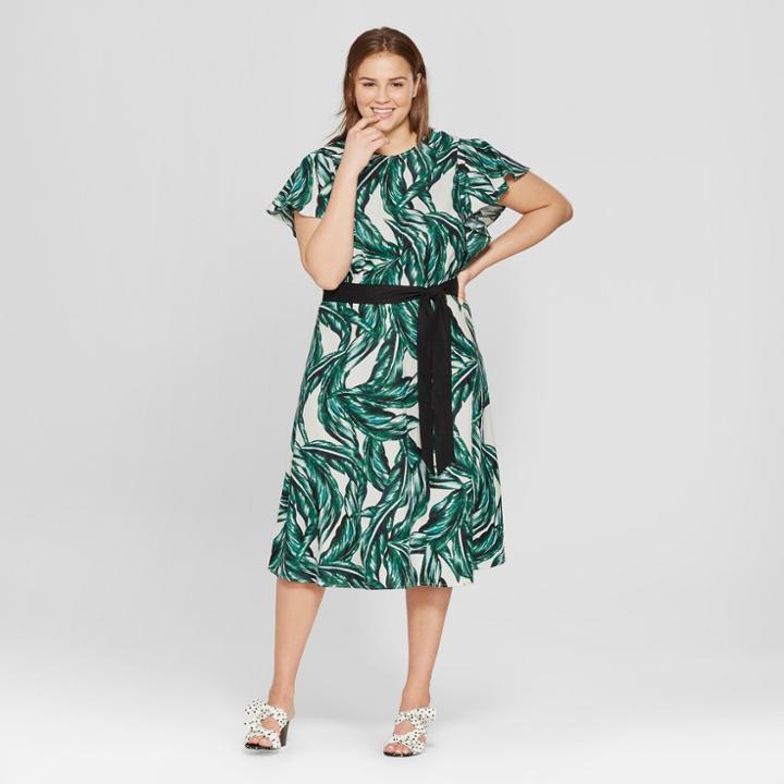 Women's Plus Size Palm Print V-back Midi Dress - Who What Wear Green 4x, Green Palm Print