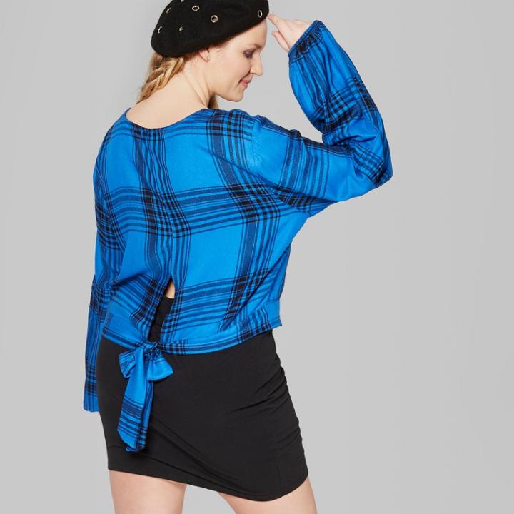 Women's Plus Size Long Sleeve Tie Back Plaid Top - Wild Fable Sea Ship Blue/black