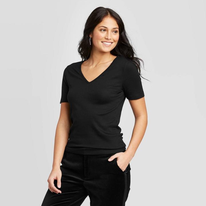 Women's Short Sleeve V-neck Fitted T-shirt - A New Day Black