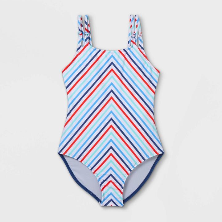 Girls' Chevron Striped One Piece Swimsuit - Art Class Xs, Blue/blue/blue