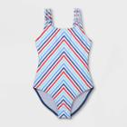 Girls' Chevron Striped One Piece Swimsuit - Art Class Xs, Blue/blue/blue