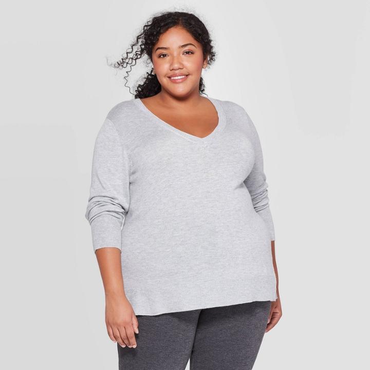 Women's Plus Size V-neck Pullover Sweater - Ava & Viv Light Heather Gray X,