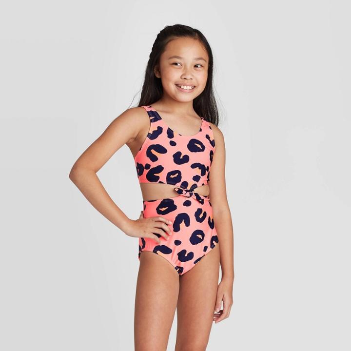 Girls' Tie Front Animal Print One Piece Swimsuit - Art Class Pink