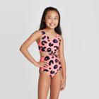 Girls' Tie Front Animal Print One Piece Swimsuit - Art Class Pink