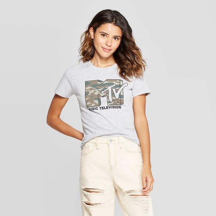 Women's Mtv Camo Print Short Sleeve T-shirt (juniors') - Athletic Heather