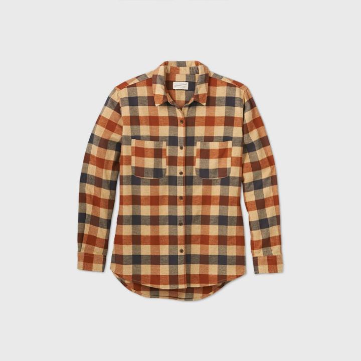 Women's Plaid Long Sleeve Button-down Flannel Shirt - Universal Thread Brown
