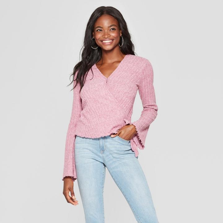 Women's Long Sleeve Ribbed Hacci Wrap Top - Xhilaration Rose (pink)