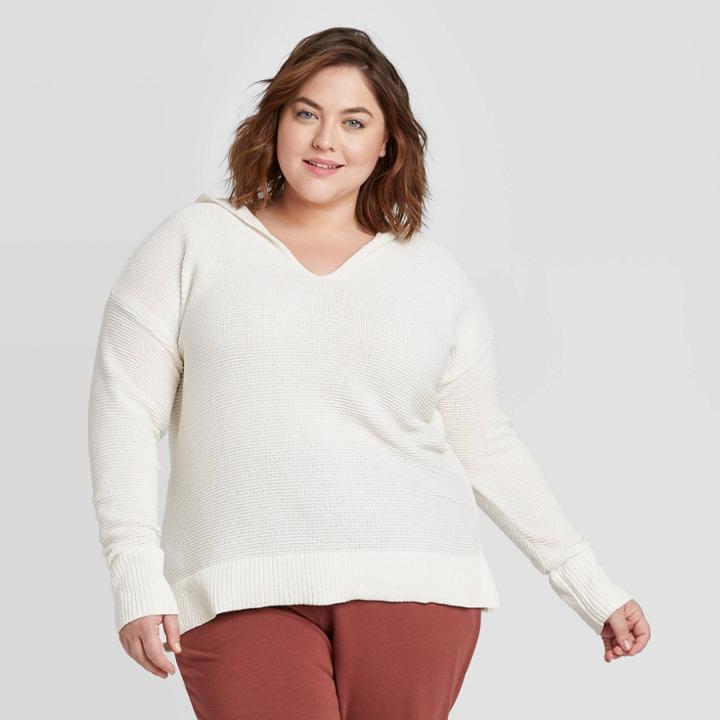 Women's Plus Size V-neck Chenille Hoodie Sweater - Ava & Viv Cream X, Women's, Ivory