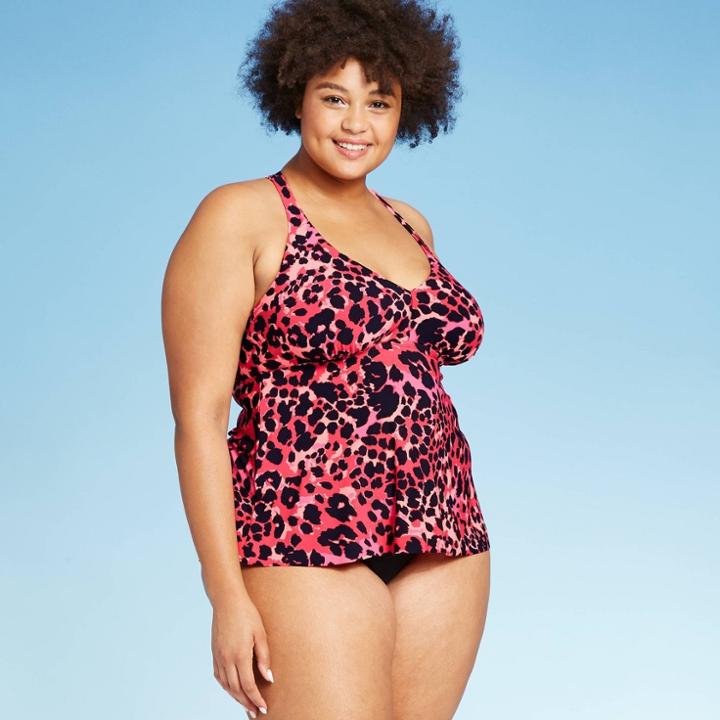 Women's Plus Size Mesh Racerback Tankini Top - Aqua Green Pink