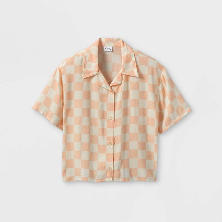 Girls' Button-down Short Sleeve Shirt - Art Class Peach Checkered