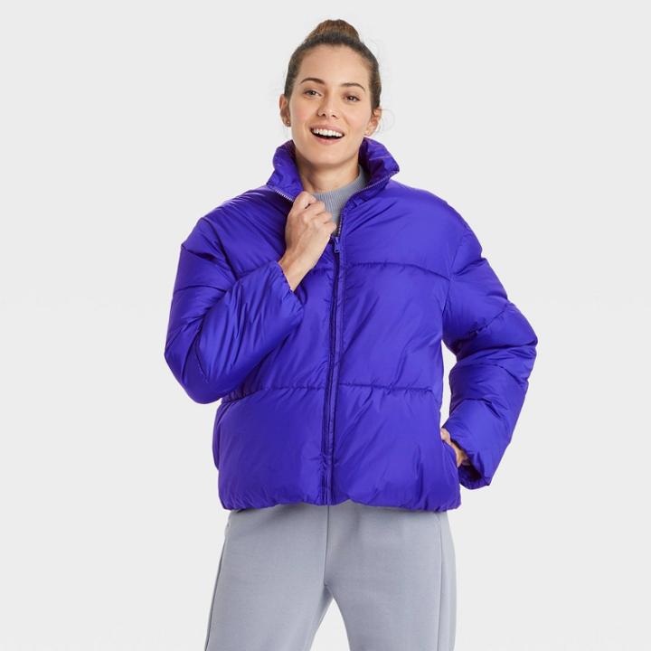 Women's Short Matte Puffer Jacket - A New Day Dark Blue