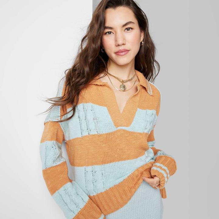 Women's Ascot + Hart Knit Long Sleeve Graphic Polo Shirt - Orange