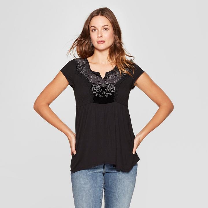 Women's Short Sleeve Velvet Embroidered Blouse - Knox Rose Black