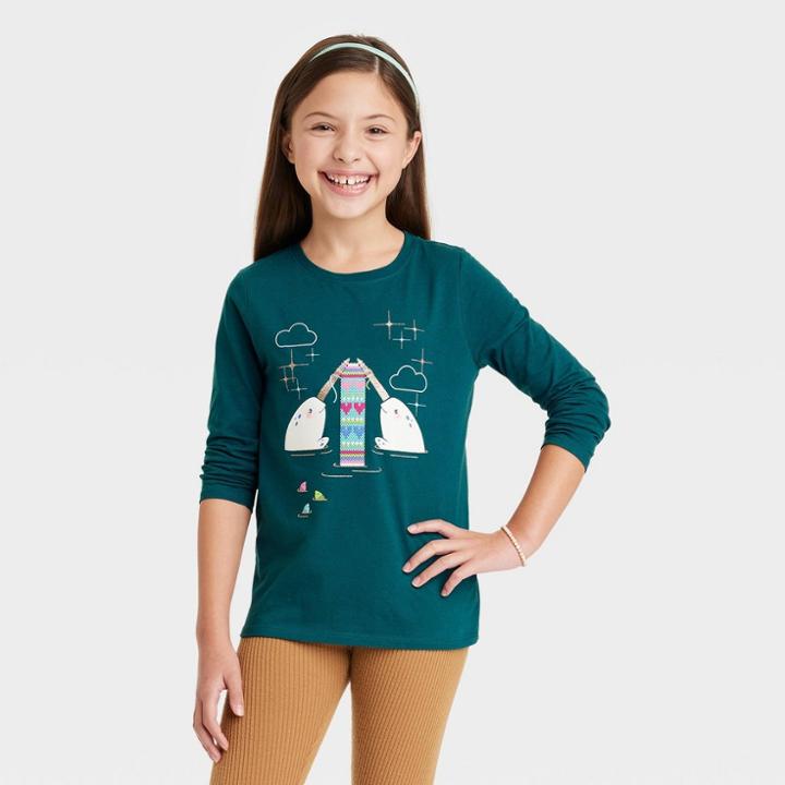 Girls' 'narwhales' Long Sleeve Graphic T-shirt - Cat & Jack Dark Green