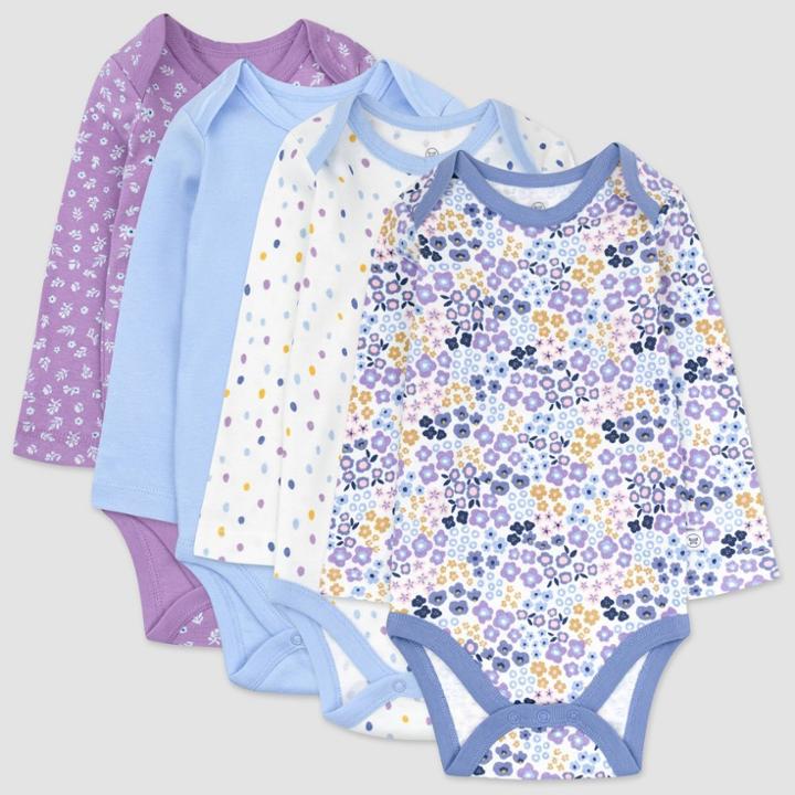 Honest Baby Girls' 4pk Organic Cotton Prairie Pretty Long Sleeve Bodysuit - Purple/blue/white Newborn