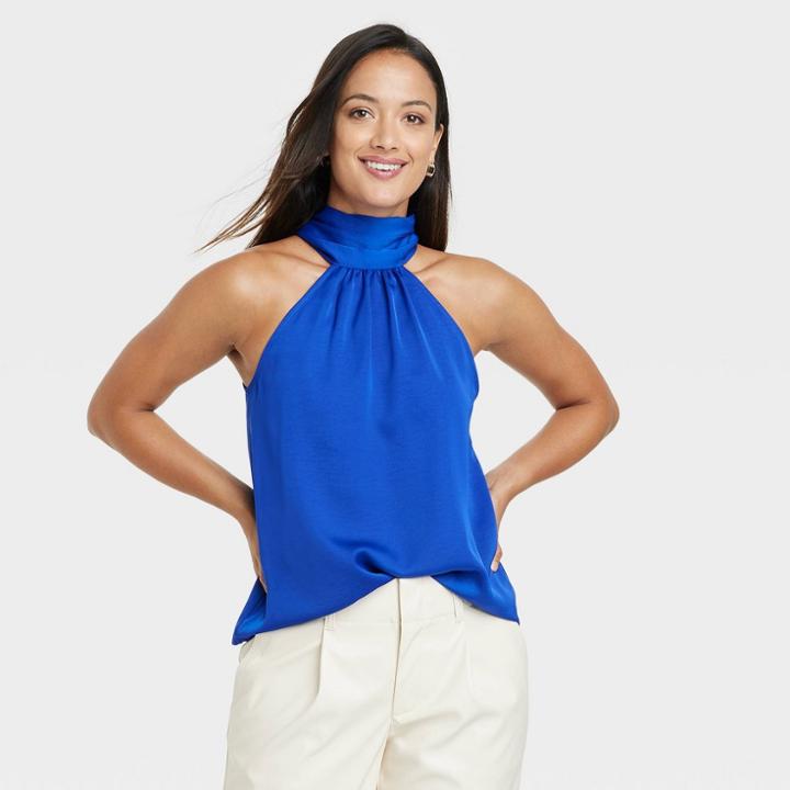 Women's Satin Halter Top - A New Day Blue