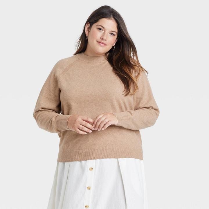 Women's Plus Size Crewneck Light Weight Pullover Sweater - A New Day Camel