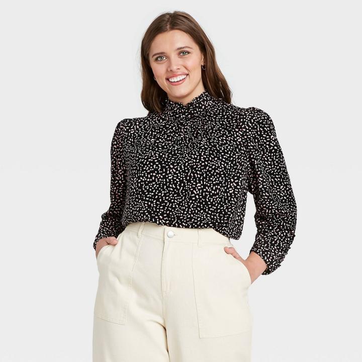 Women's Plus Size Polka Dot Puff Long Sleeve Blouse - Who What Wear Black