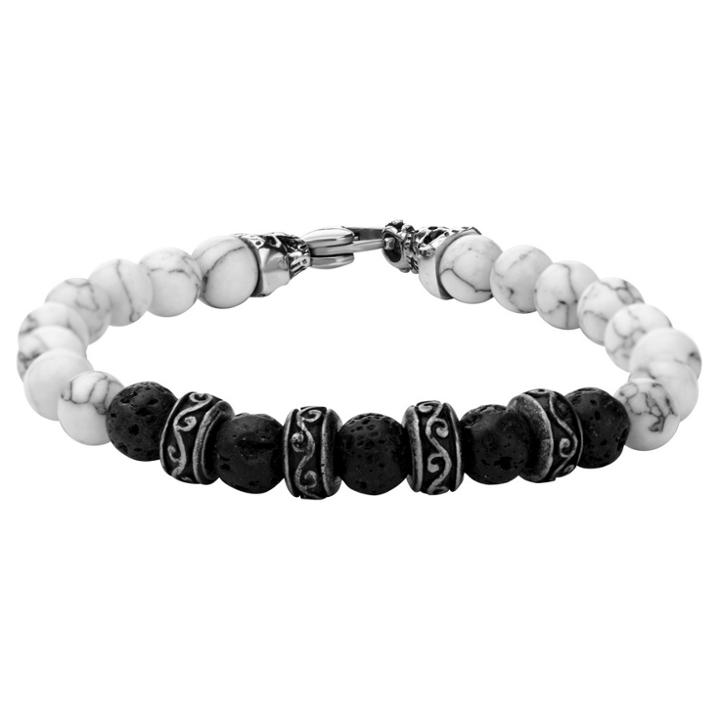 Inox Jewelry Men's Steel Art Stainless Steel Skull With Black Lava And White Howlite Beads Bracelet (8.5), Black/white