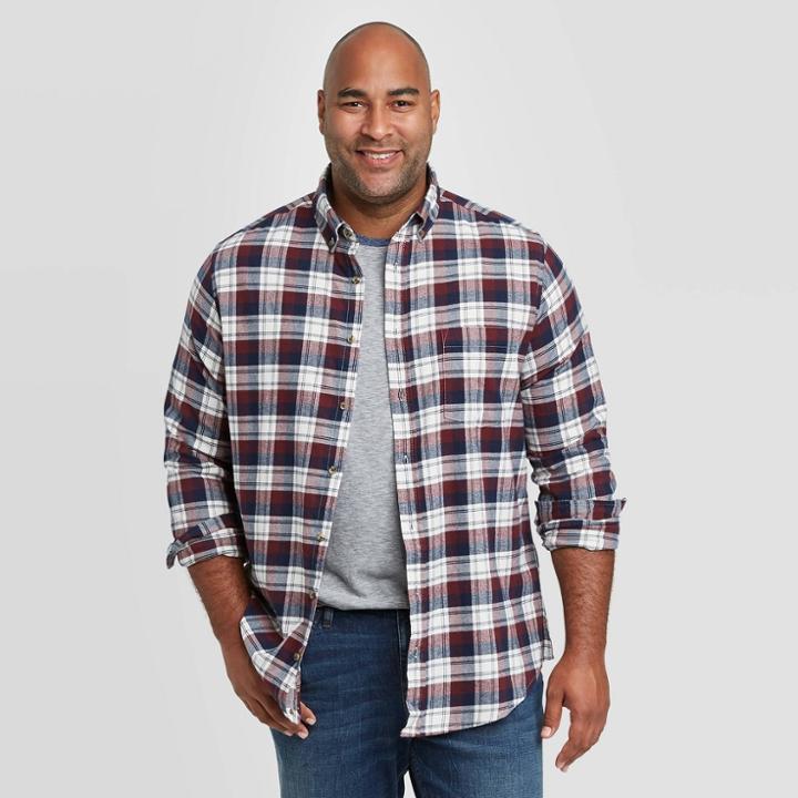 Men's Big & Tall Standard Fit Long Sleeve 1-pocket Flannel Button-down Shirt - Goodfellow & Co Red