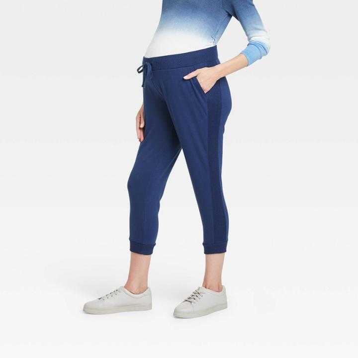 Rib-knit Cropped Match Back Maternity Jogger Pants - Isabel Maternity By Ingrid & Isabel Blue
