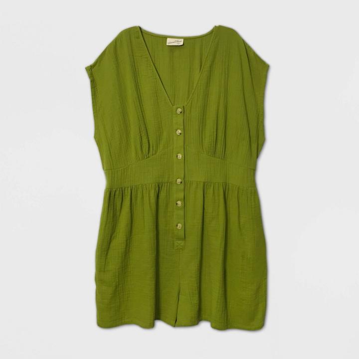 Women's Short Sleeve Kimono Button-front Romper - Universal Thread Green