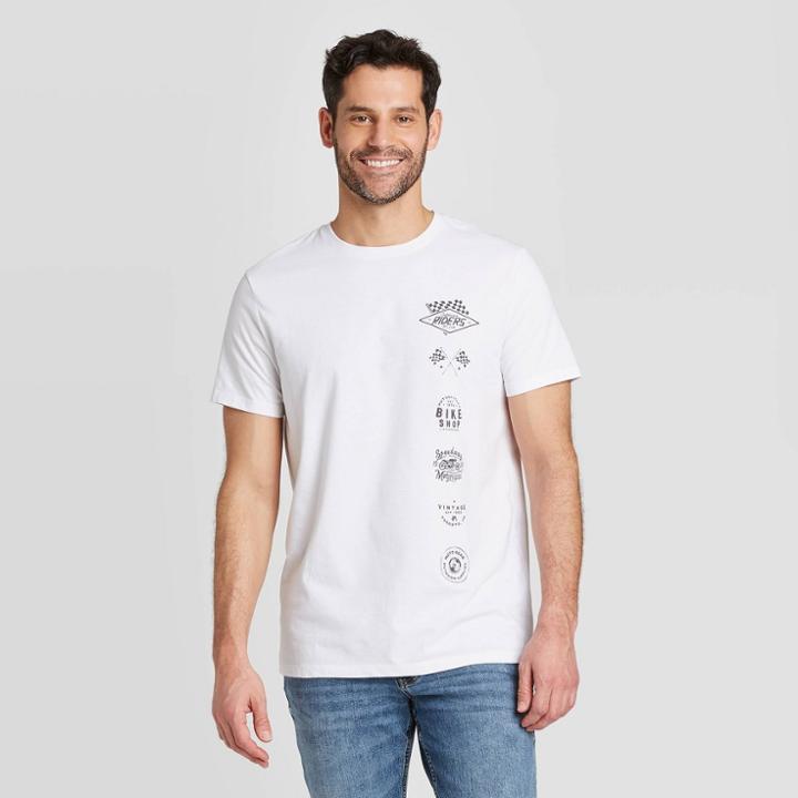 Men's Standard Fit Short Sleeve Crew Neck Vertical Logo Graphic T-shirt - Goodfellow & Co Bright White S, Men's,