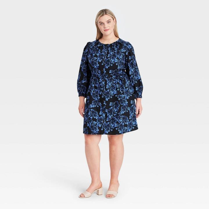 Women's Plus Size Printed Puff Short Sleeve Shirtdress - Who What Wear Black