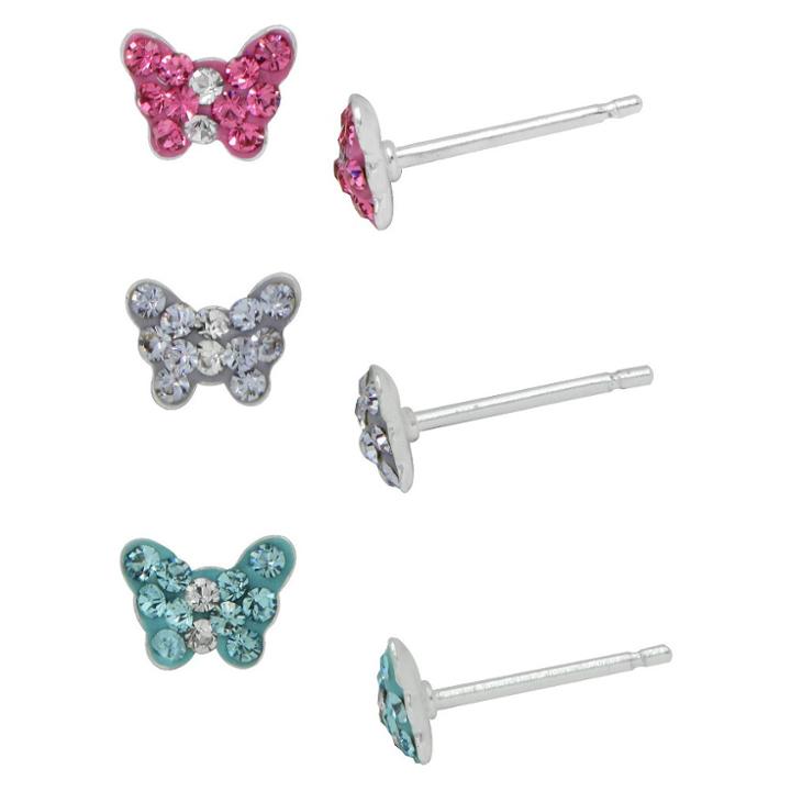 Target Girls' Sterling Silver 3 Pr-crystal Butterfly Stud Earring Set-pink/aqua/purple