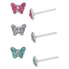 Target Girls' Sterling Silver 3 Pr-crystal Butterfly Stud Earring Set-pink/aqua/purple