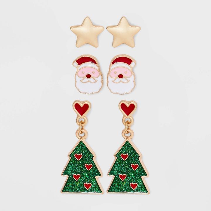 Girls' 3pk Christmas Tree With Santa And Stars Earring Set - Art Class , One Color