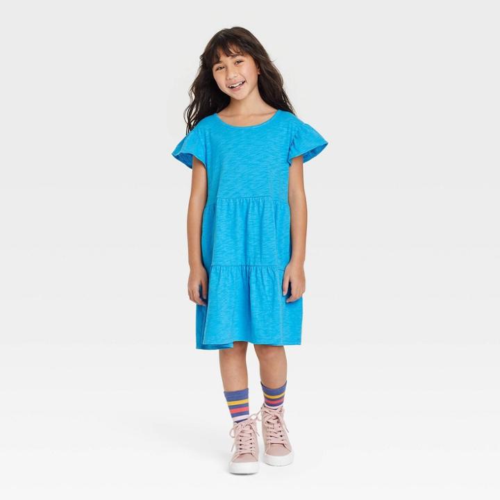 Girls' Wash Knit Tiered Short Sleeve Dress - Cat & Jack Turquoise