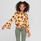 Girls' Woven Front Tie Long Bell Sleeve Top - Art Class Gold