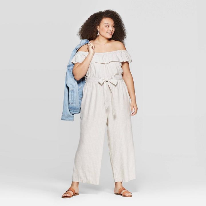 Women's Plus Size Striped Mini Cap Sleeve Off The Shoulder Jumpsuit - Universal Thread White