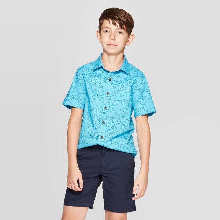 Boys' Short Sleeve Button-down Shirt - Cat & Jack Turquoise Xxl Husky, Blue