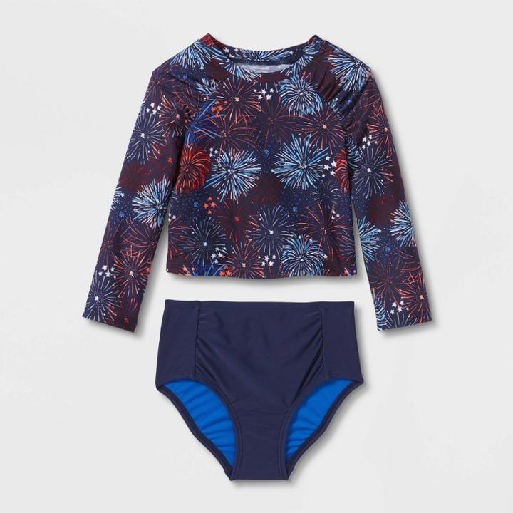 Baby Girls' 2pc Firework Print Long Sleeve Rash Guard Set - Cat & Jack Navy Blue