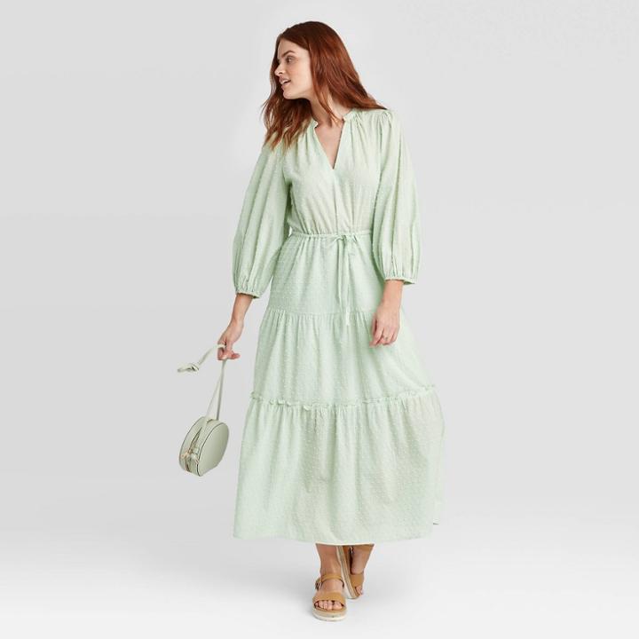 Women's Long Sleeve Tiered Dress - A New Day Green