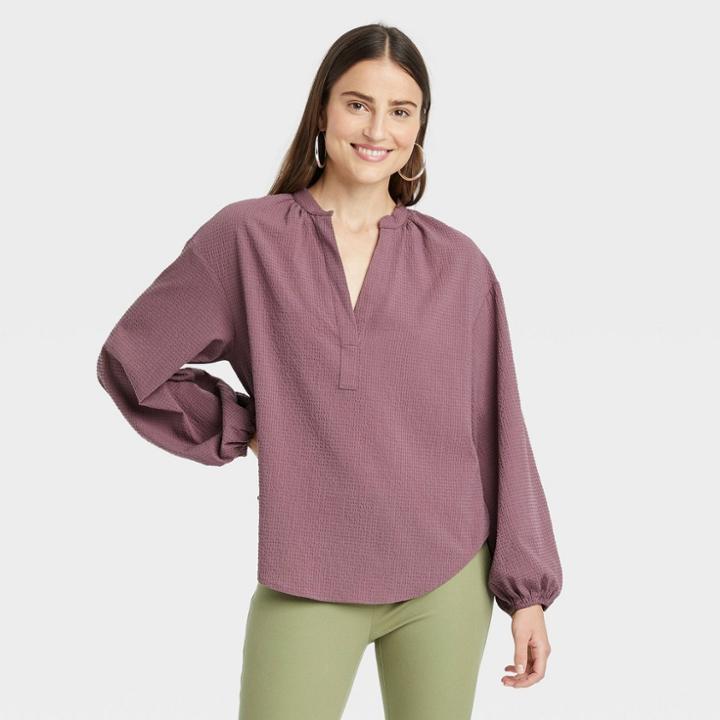 Women's Balloon Long Sleeve Popover Blouse - A New Day Brown