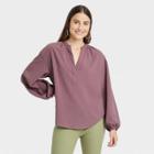 Women's Balloon Long Sleeve Popover Blouse - A New Day Brown