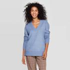 Women's Long Sleeve V-neck Pullover Sweater - A New Day Blue
