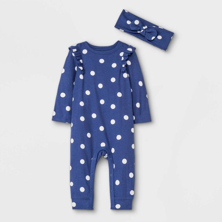 Baby Girls' Dot Rib Romper With Headband - Cat & Jack Navy/cream Newborn, Ivory/blue