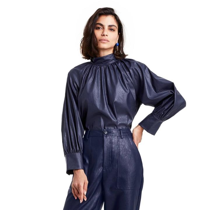 Women's Long Sleeve Faux Leather Tie Back Top - Rachel Comey X Target Navy