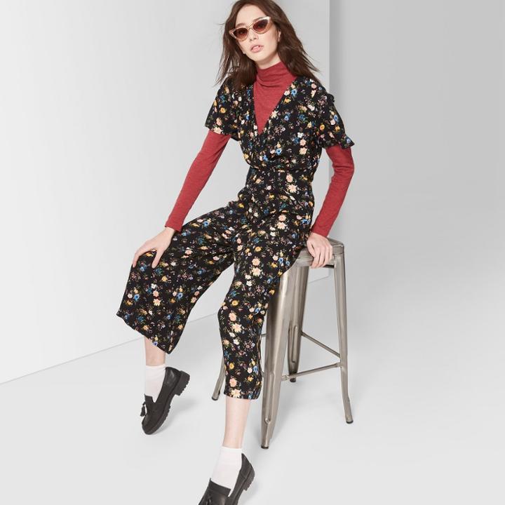Women's Floral Print Short Sleeve Twist Front Jumpsuit - Wild Fable Black