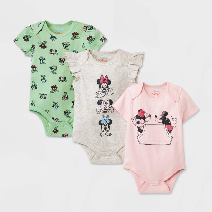 Baby Girls' 3pk Mickey Mouse & Friends Printed Bodysuit - Newborn, Gray/green/pink