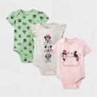 Baby Girls' 3pk Mickey Mouse & Friends Printed Bodysuit - Newborn, Gray/green/pink