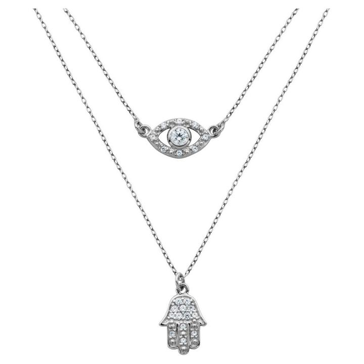 Prime Art & Jewel Sterling Silver Cz Hamsa Hand And Evil Eye Layered Necklace With 16+2 Ext Chain, Girl's