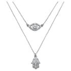 Prime Art & Jewel Sterling Silver Cz Hamsa Hand And Evil Eye Layered Necklace With 16+2 Ext Chain, Girl's