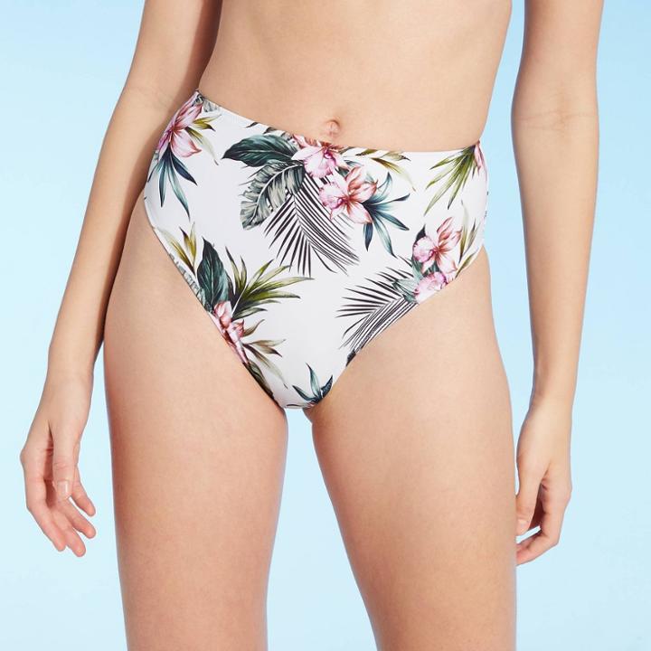Women's Waffle Textured High Leg High Waist Bikini Bottom - Shade & Shore White Floral